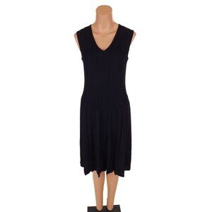 St. John Black Ribbed V-Neck Midi Dress